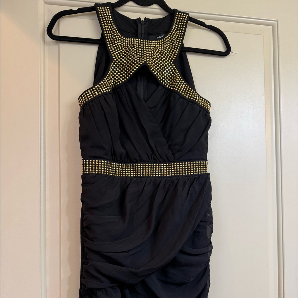 Ark & Co Black Chiffon Cocktail Dress with Gold Stud Accents